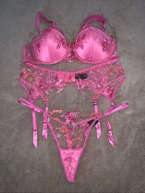 Honey Birdette Whitney Pink Embroidered Bra, Garter & Thong Set